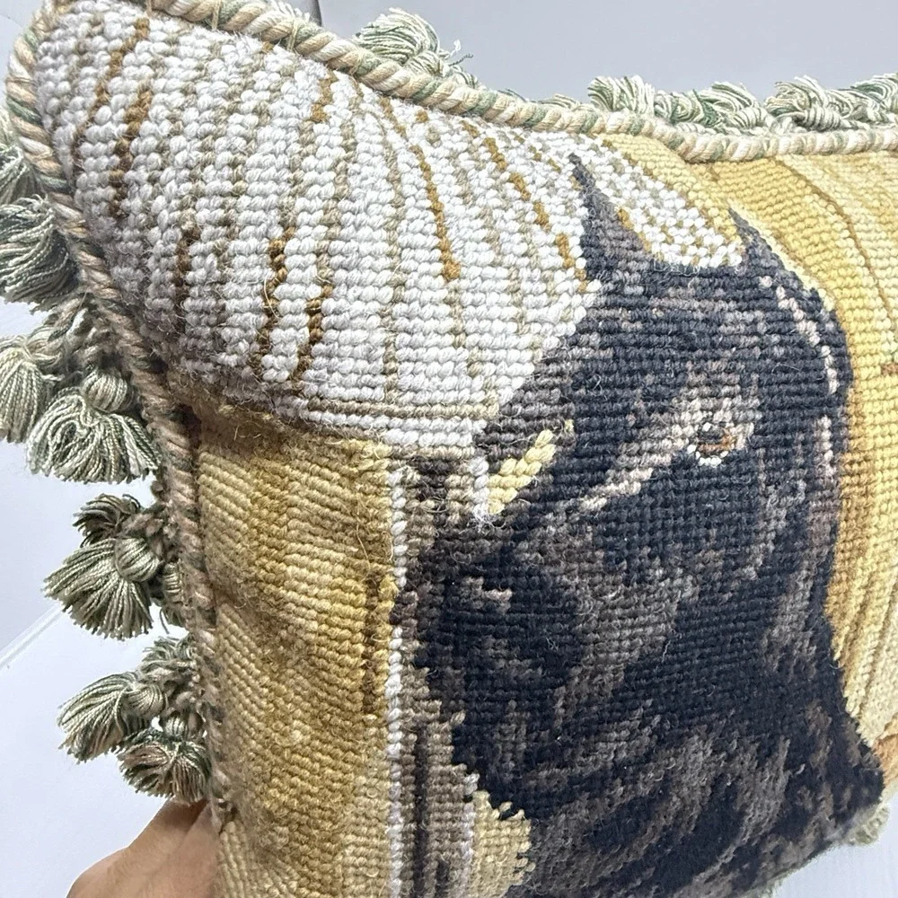 Vintage Scottie Dog Wool Needlepoint Pillow Velvet Tassel English Country 13x13